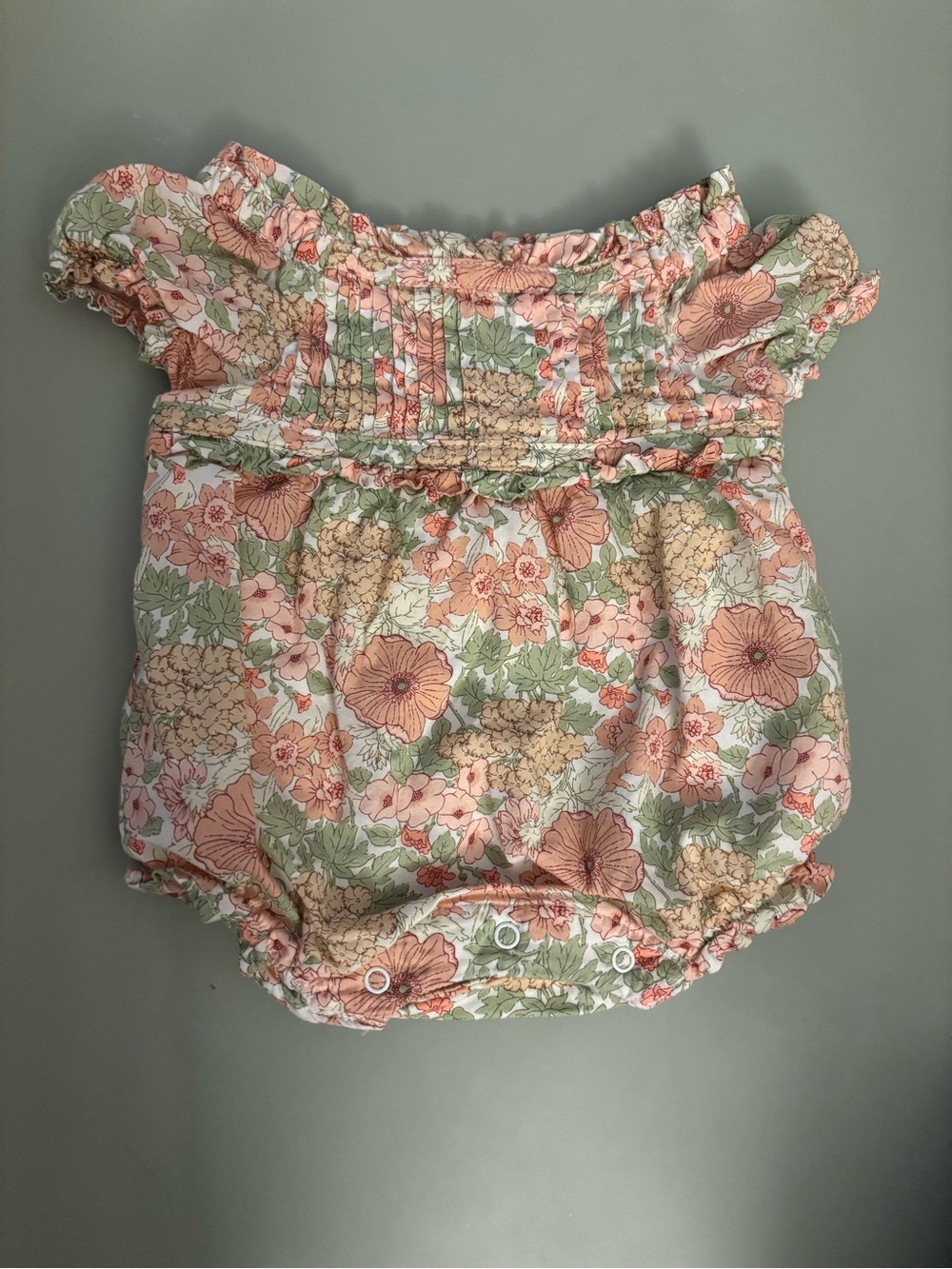Janie and Jack Floral Smocked Baby Romper in Peach & Green